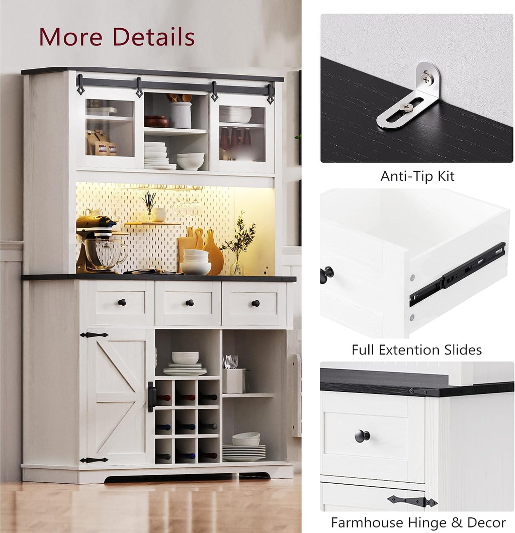 71" White Pantry Cabinet with Coffee Bar Farmhouse Kitchen Hutch Cabinet with Sliding Doors Wine Bar Cabinets with Power Outlet and LED Lights 9-Bottle Rack and 4 Glass Holders White Oak