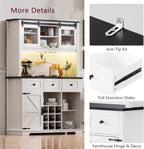 71" White Pantry Cabinet with Coffee Bar Farmhouse Kitchen Hutch Cabinet with Sliding Doors Wine Bar Cabinets with Power Outlet and LED Lights 9-Bottle Rack and 4 Glass Holders White Oak
