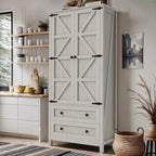 DWVO 64.5" Pantry Cabinet with Barn Doors, 2 Drawers & Shelves, Off White | Farmhouse Storage Cupboard for Dining Room, Living Room, and Bathroom