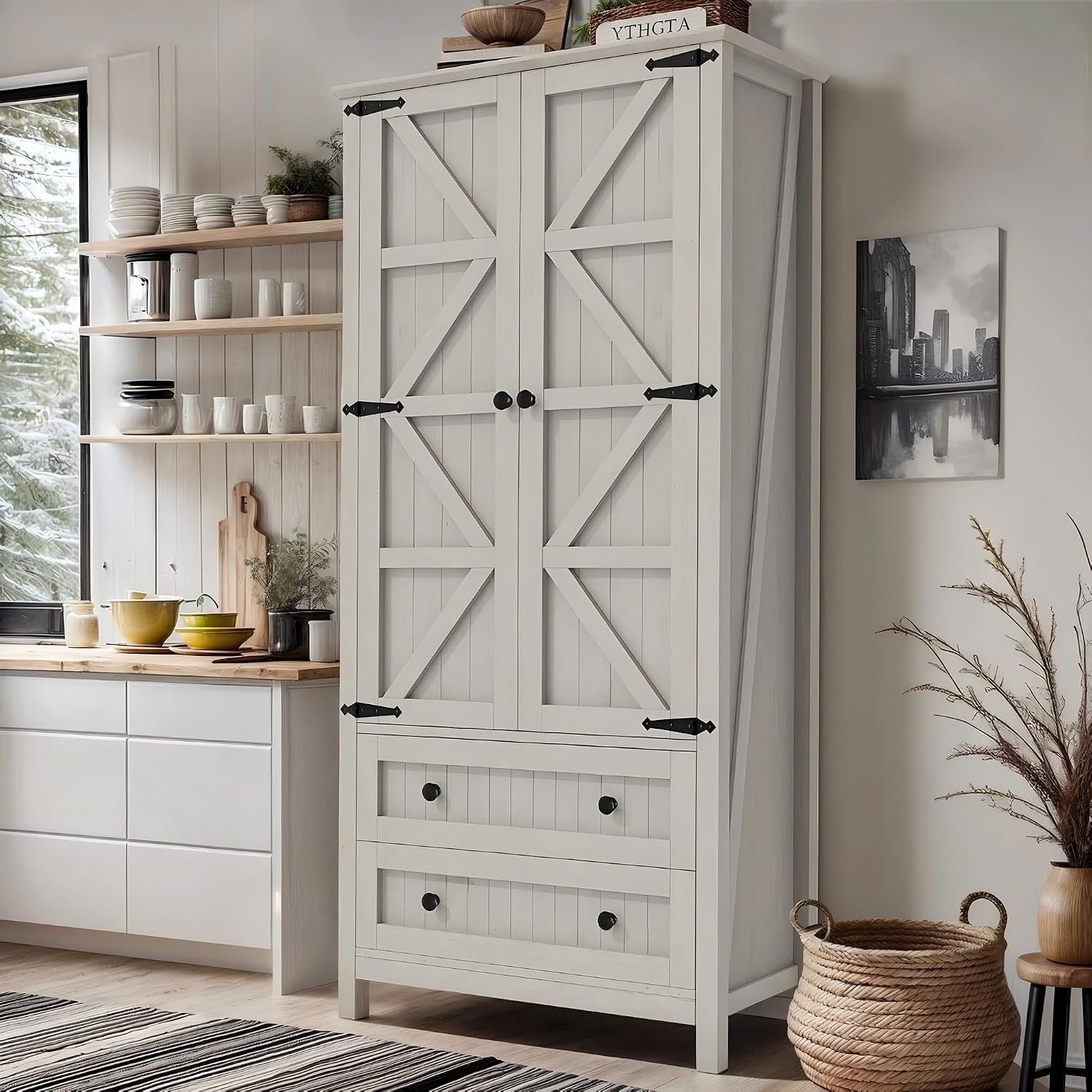 DWVO 64.5" Pantry Cabinet with Barn Doors, 2 Drawers & Shelves, Off White | Farmhouse Storage Cupboard for Dining Room, Living Room, and Bathroom