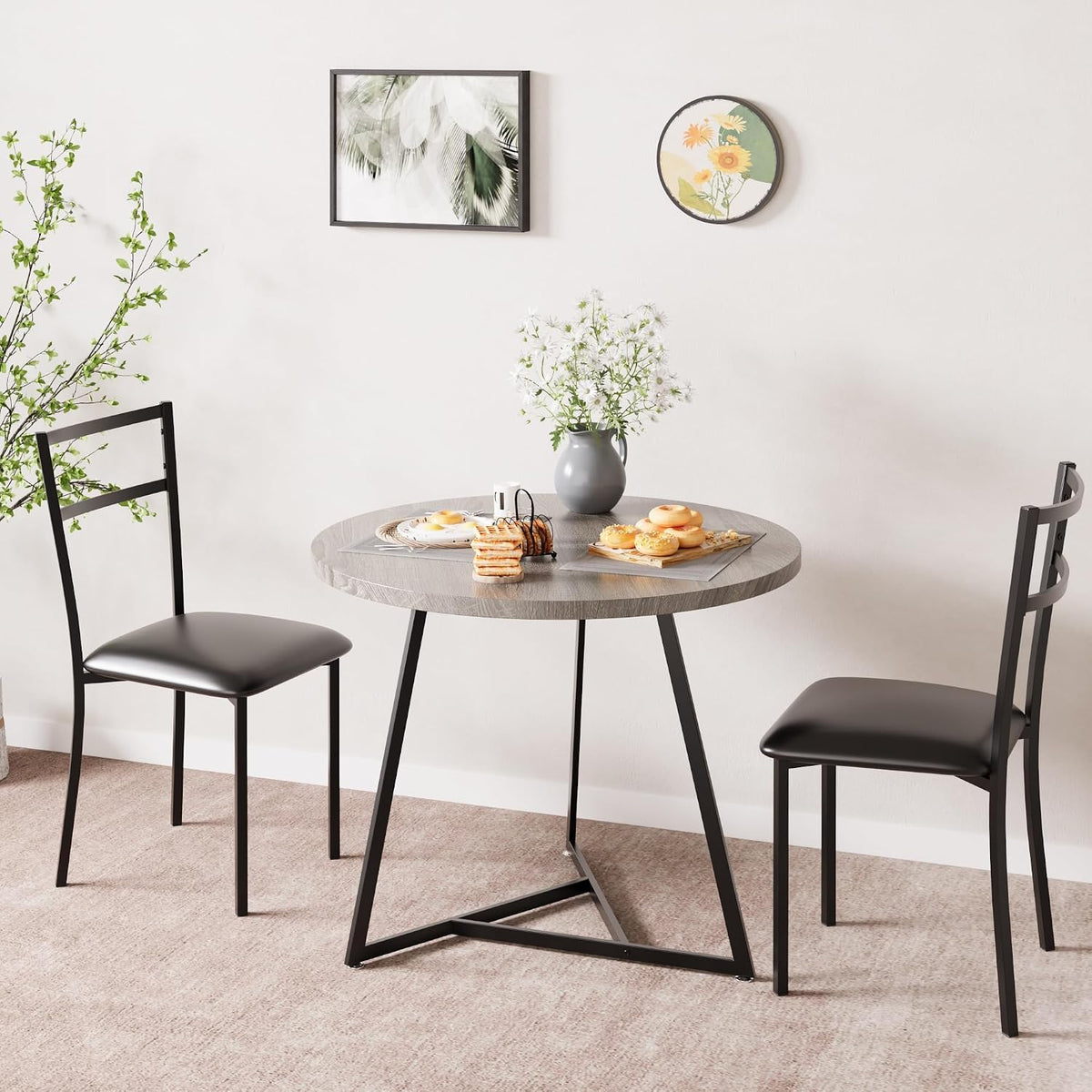 3-Piece Round Dining Set for 2 - Compact 31.4" Rustic Gray Kitchen Table with Upholstered Chairs, Space-Saving Breakfast Set for Small Spaces, Apartments & Studio Living