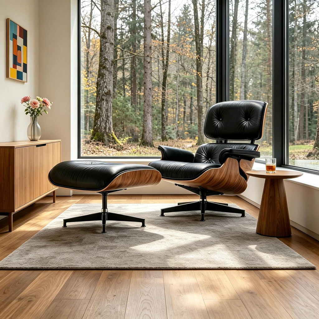 Mid Century Chaise Lounge Chair with Ottoman, Modern Retro Classic Design, PU Leather & Walnut Wood, Heavy Duty Metal Support, Comfortable for Living Room Bedroom Office（Black-Standard）