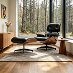 Mid Century Chaise Lounge Chair with Ottoman, Modern Retro Classic Design, PU Leather & Walnut Wood, Heavy Duty Metal Support, Comfortable for Living Room Bedroom Office（Black-Standard）