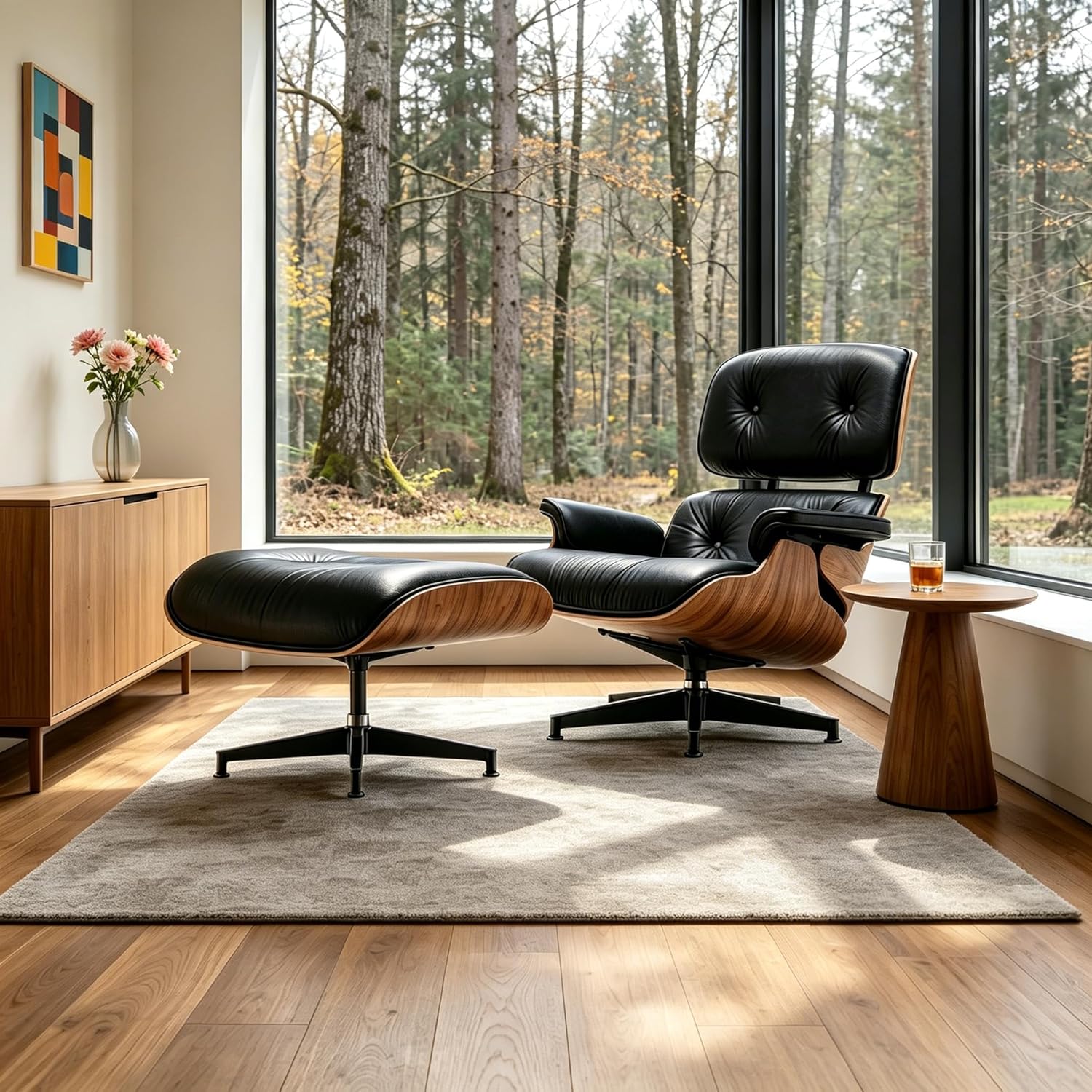 Mid Century Chaise Lounge Chair with Ottoman, Modern Retro Classic Design, PU Leather & Walnut Wood, Heavy Duty Metal Support, Comfortable for Living Room Bedroom Office（Black-Standard）