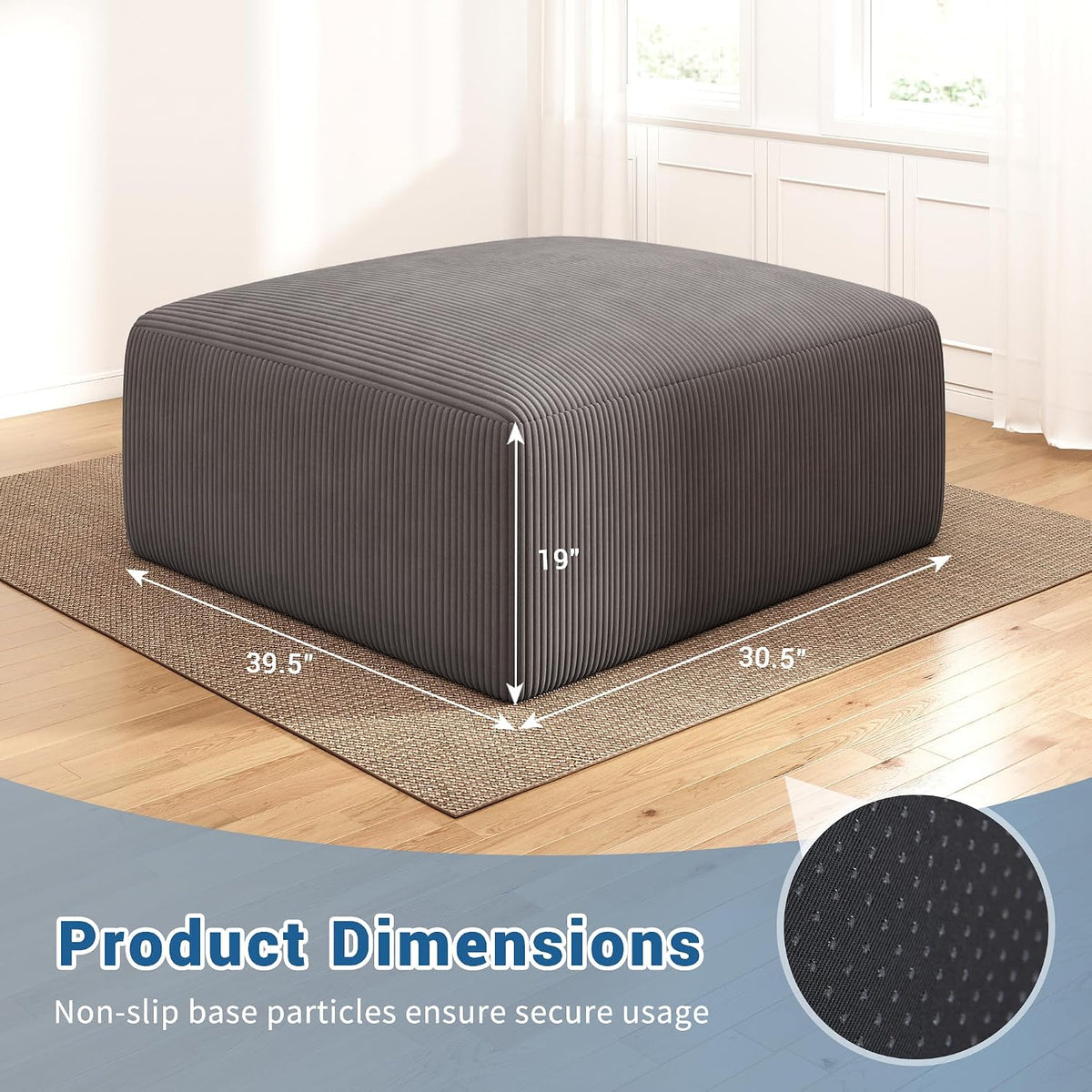 40" Oversized Square Corduroy Ottoman, Large Ottoman Pouf Footstool, Grey | Poofy Soft Foot Rest, Movable Pouf Ottoman, Floor Ottoman, Foam Chunk Filling, Living Room Sofa Couch Bedroom, 1 Piece