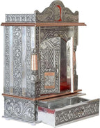 Oxidized Metal Pooja Mandir with Doors and Drawer, Silver, Ganesha Embossed, Traditional Hindu Temple