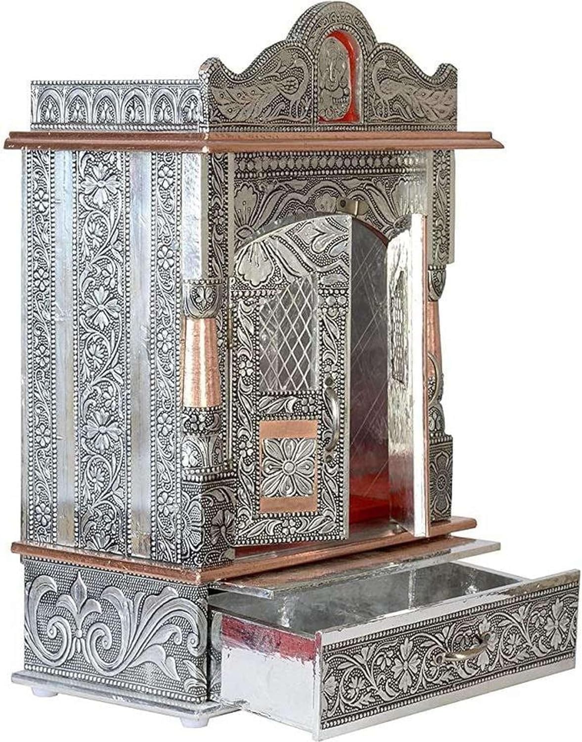 Oxidized Metal Pooja Mandir with Doors and Drawer, Silver, Ganesha Embossed, Traditional Hindu Temple