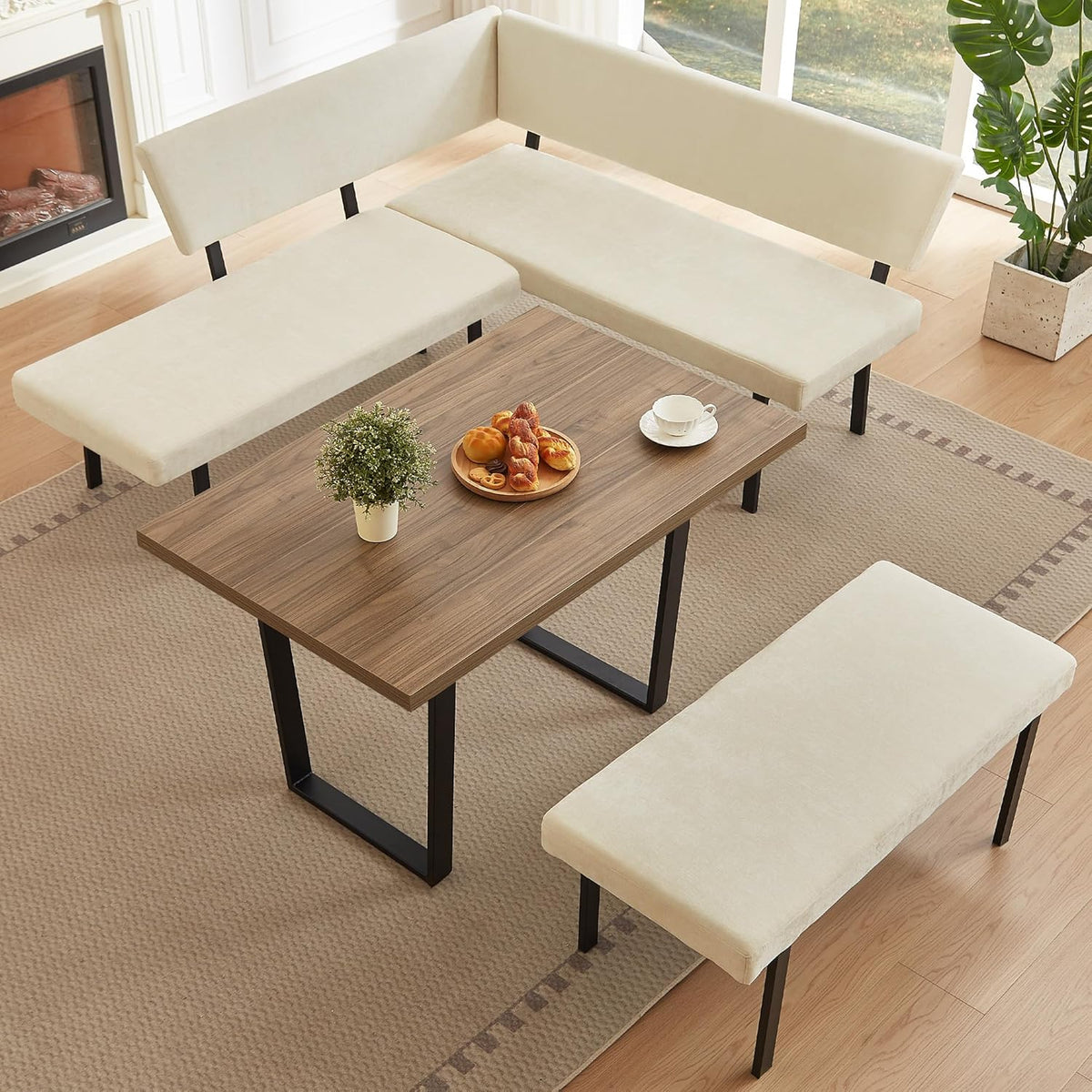 HIPIHOM 3-Piece Corner Dining Table Set with Bench, 67 Inch Space-Saving Breakfast Nook for Kitchen & Dining Room (Walnut Table & Beige Bench)