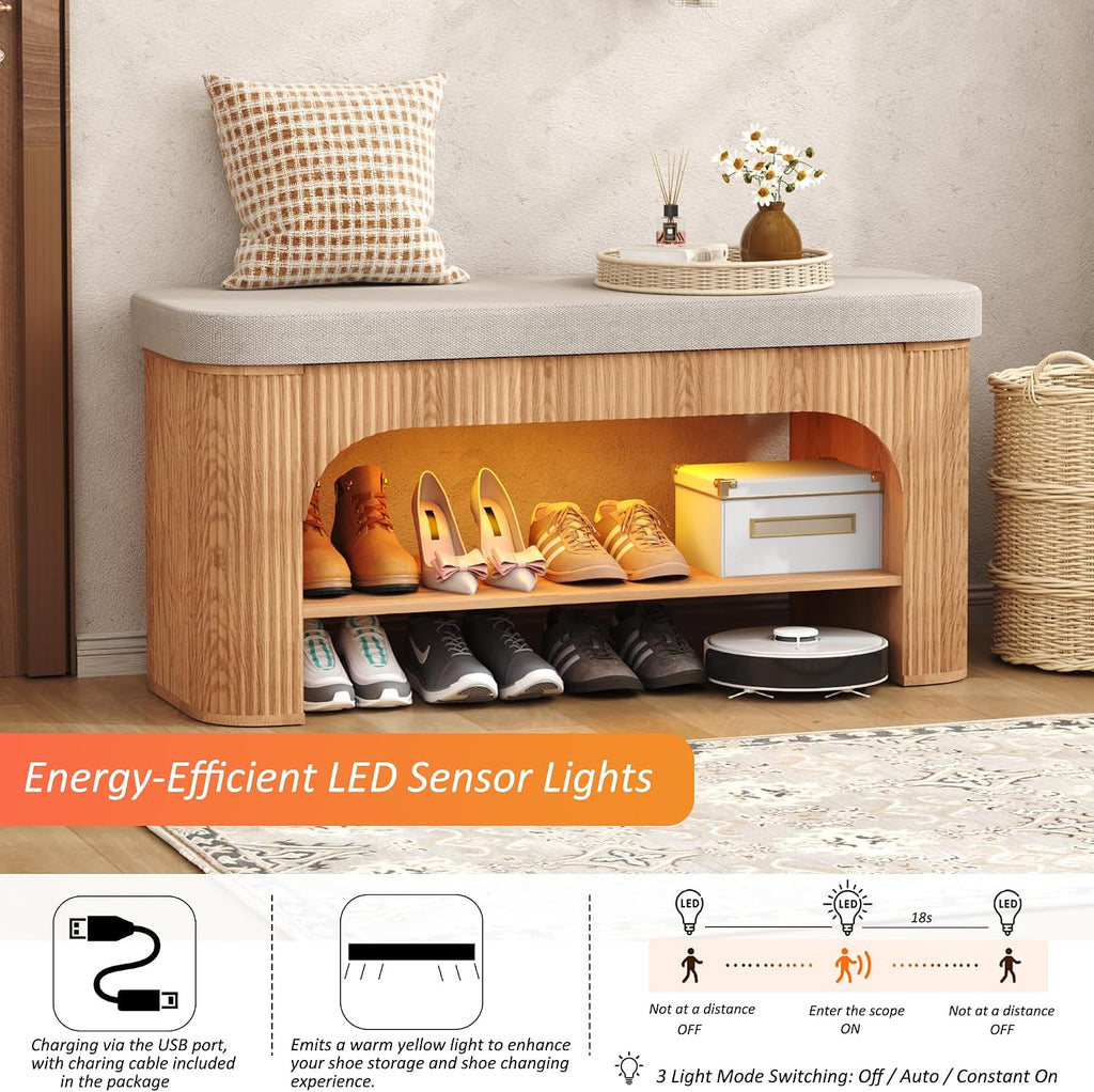 HOMEFORT 40.2" Fluted Storage Bench with Built-in LED Light, Flip-Top Shoe Bench with Cushioned Seat and Open Storage Shelf,Wood Accent Arched Bench for Entryway, Bedroom, Living Room, Natural Oak
