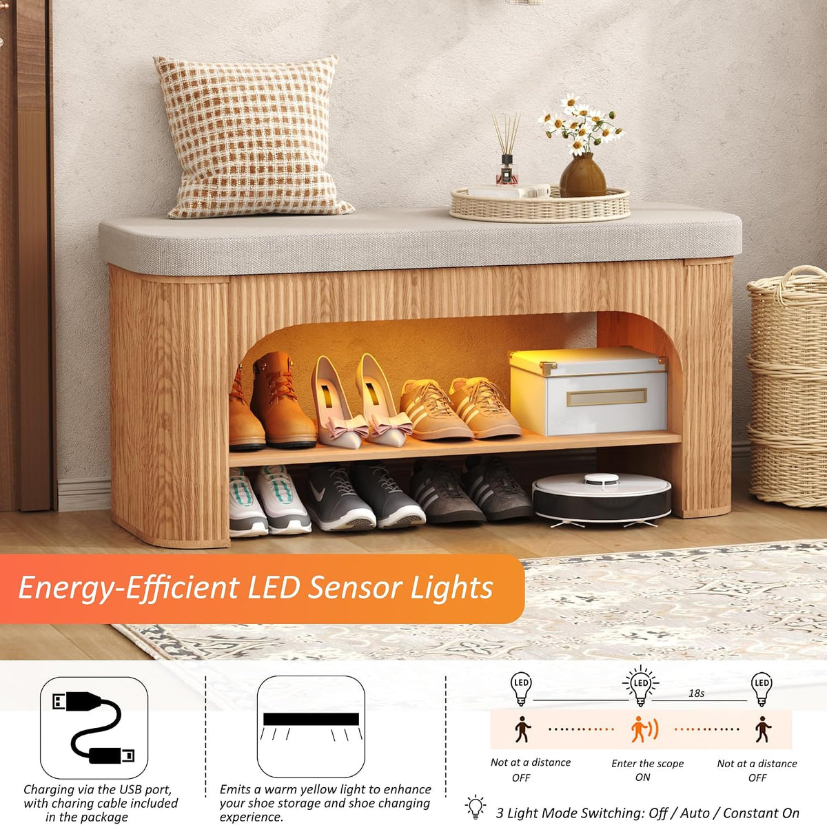 HOMEFORT 40.2" Fluted Storage Bench with Built-in LED Light, Flip-Top Shoe Bench with Cushioned Seat and Open Storage Shelf,Wood Accent Arched Bench for Entryway, Bedroom, Living Room, Natural Oak