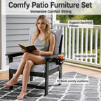 Set of 2 HDPE Adirondack Patio Armchairs, All Weather Outdoor Lounge Chairs w/ 3.5'' Thick Washable Cushions & Cup Holders, Rustproof 304 Stainless Steel Hardware for Garden Deck Poolside, Black