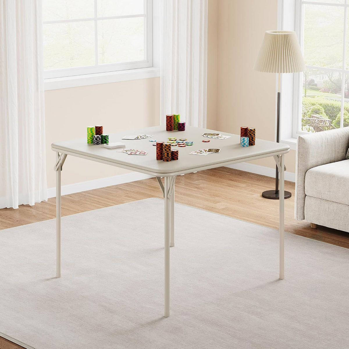 Folding Card Table, 34 Inch Portable Square Game Table with Collapsible Legs, Multifunctional Foladable Table with PU Padded Tabletop for Home, Parties, Picnics, Games, 1 Piece, Beige