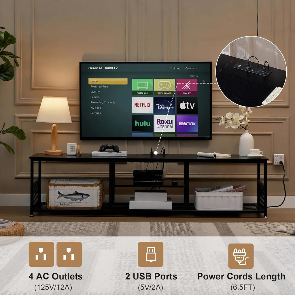 VECELO TV Stand with Power Outlets for Televisions up to 80Inch, 70" Media Entertainment Center with Charging Station 3-Tier Open Storage Shelves with Metal Frame for Living Room/Bedroom，Black