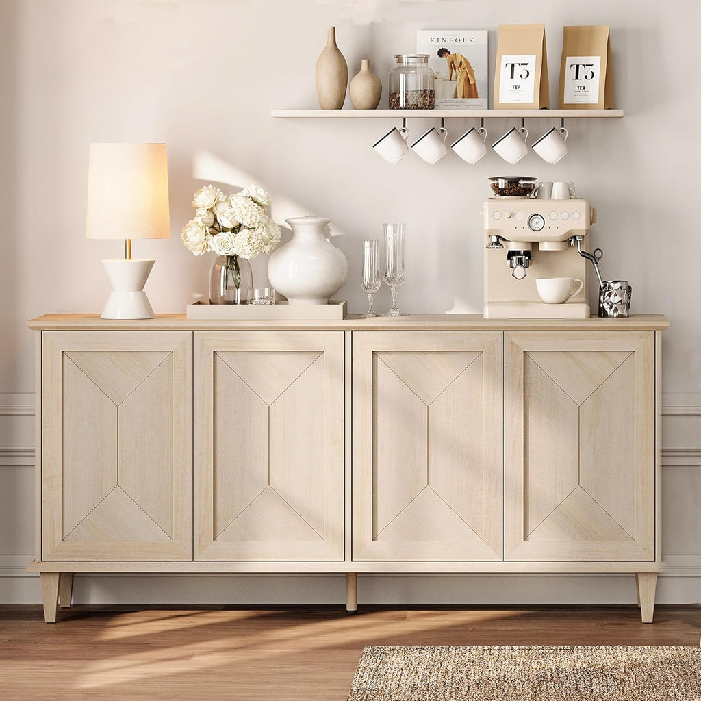 WAMPAT 65-inch Handcrafted Patchwork Decorative Buffet Cabinet with Pop-Up Design Doors,Full Unit Modern Farmhouse Accent Credenza for Coffee Bar, Kitchen, and Living Room,Beige Light Oak