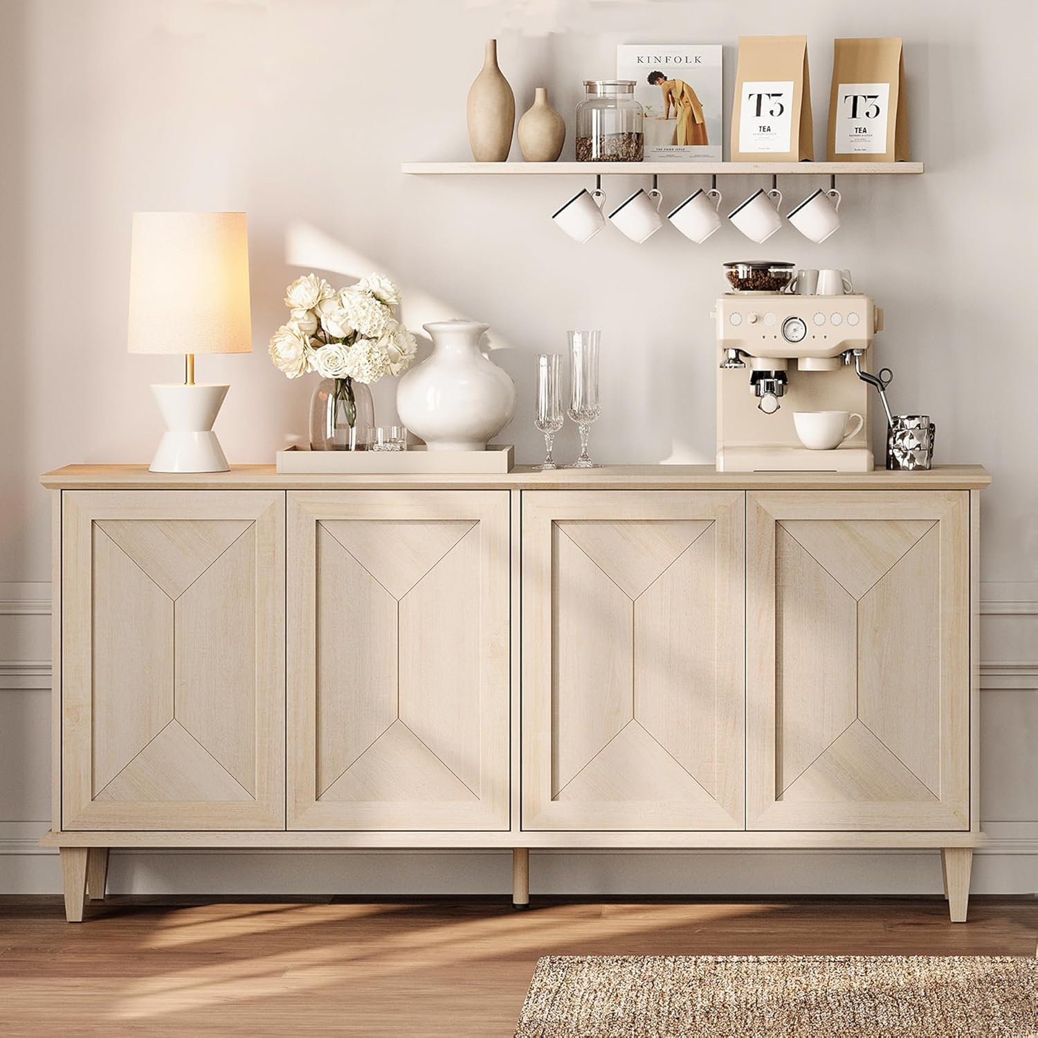 WAMPAT 65-inch Handcrafted Patchwork Decorative Buffet Cabinet with Pop-Up Design Doors,Full Unit Modern Farmhouse Accent Credenza for Coffee Bar, Kitchen, and Living Room,Beige Light Oak