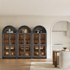 SICOTAS 74" Arched Display Cabinet with Glass Doors Set of 2, Dark Grey Oak