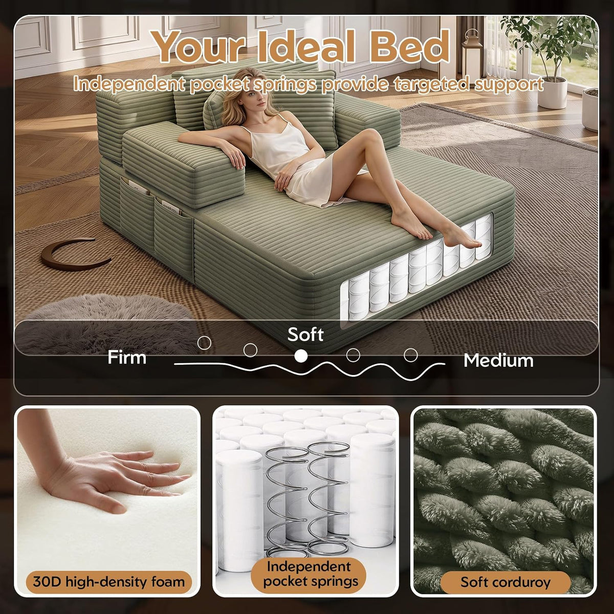 60.2 Inch Chaise Lounge Chair Indoor, Oversized Chaise Lounge with Adjustable Backrest and Armrests, Luxurious Corduroy Convertible Sofa Bed with Storage Pocket for Small Spaces, Apartment (Green)