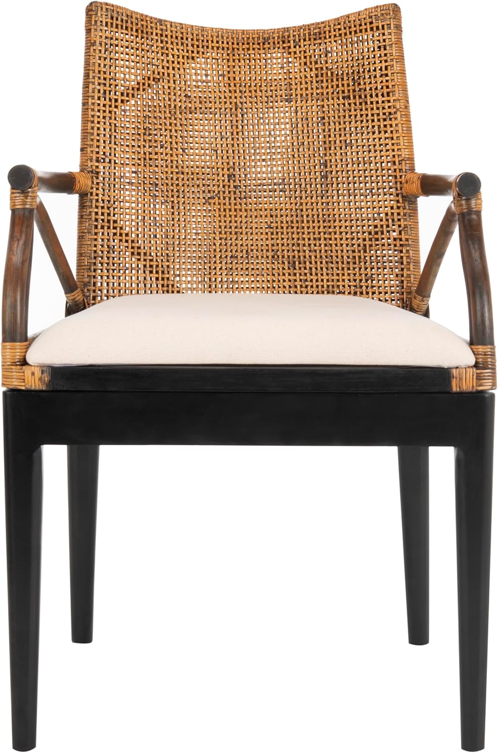 SAFAVIEH Gianni Rattan Arm Chair 19.8”, Solid Wood Brown & Black SEA4011A | Hand-Woven Rattan Back, Solid Mahogany Frame, Foam-Filled Cotton Seat, Easy Assembly, Indoor Use