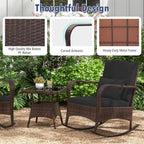 Tangkula 3 Pieces Rocking Bistro Set, Patiojoy Outdoor PE Rattan Rocker Chairs with Removable Cushions & Tempered Glass Top Coffee Table, Outdoor Wicker Furniture Set for Porch, Garden (Black)