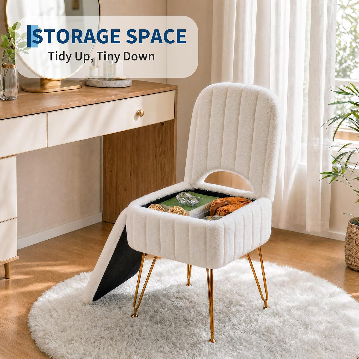 Garvee Vanity Stool Chair with Backrest & Storage,Faux Fur,White,Small | Hidden Storage Compartment, 280 Lbs Capacity, Soft Square Ottoman, Modern Style for Bedroom or Living Room