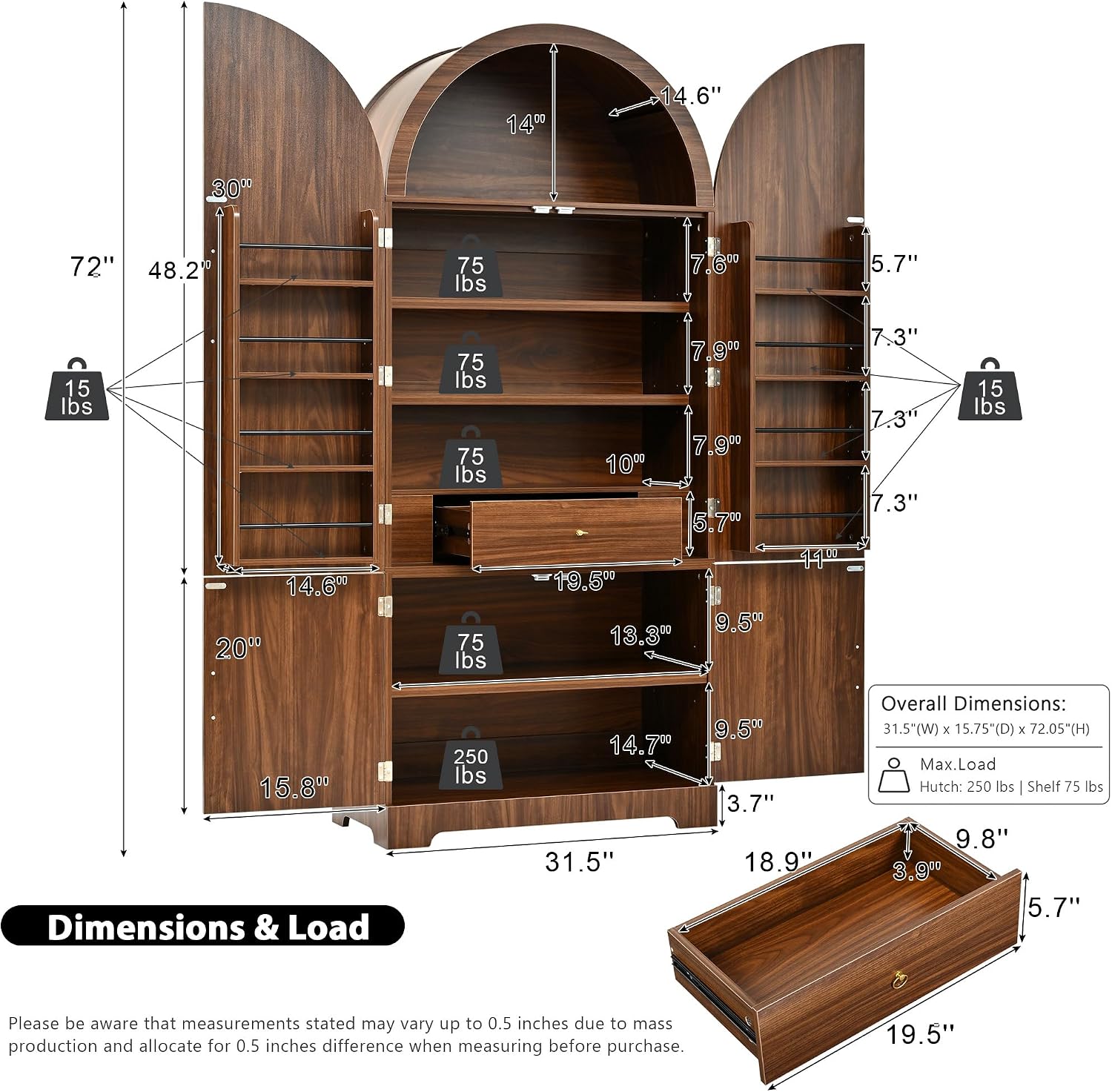 72" Tall Arched Kitchen Pantry Cabinet with 3 Adjustable Shelves, Fluted Storage Cabinet with Hidden Drawer and 8 Door Shelves for Kitchen, Dining and Bathroom (Brown)