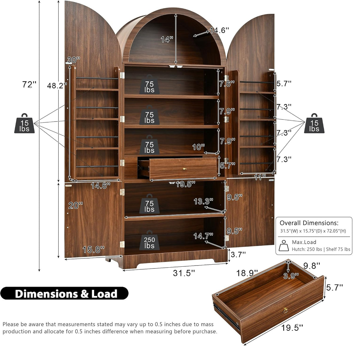 72" Tall Arched Kitchen Pantry Cabinet with Fluted Doors & 8 Shelves, Brown | Storage Cabinet with 3 Adjustable Shelves & Hidden Drawer, Versatile for Kitchen, Dining Room, Bathroom, Office