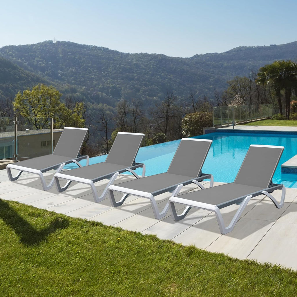 Domi Outdoor Lounge Chairs Set of 4, Aluminum Chaise Lounge Chairs for Outside with 5 Position Adjustable Backrest, Stackable Patio Lounge Chair with Wheels for Beach, Yard, Balcony, Poolside, Grey