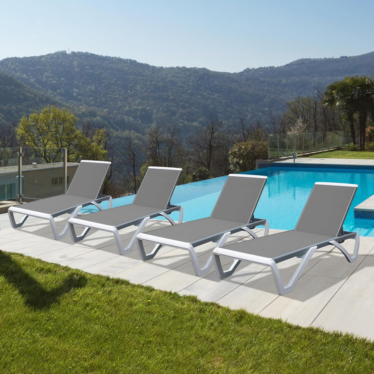 Domi Outdoor Lounge Chairs Set of 4, Aluminum Chaise Lounge Chairs for Outside with 5 Position Adjustable Backrest, Stackable Patio Lounge Chair with Wheels for Beach, Yard, Balcony, Poolside, Grey
