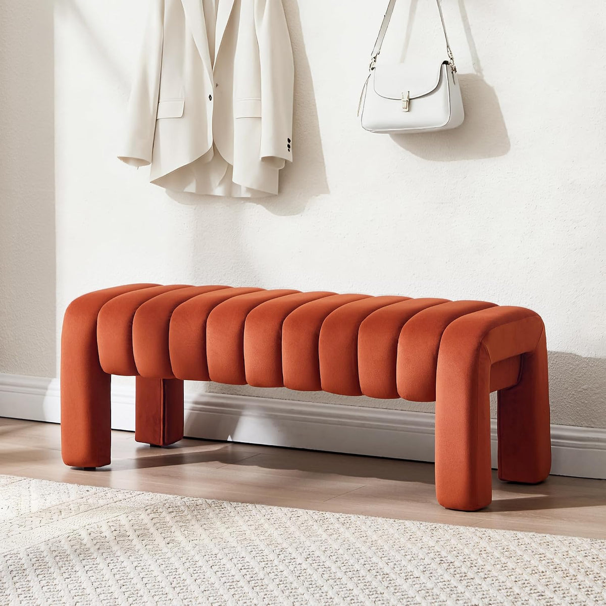 63’’ Bench for Dining Table, Upholstered End of Bed Bench with Solid Wood Legs, Modern Small Entryway Bench with Full Covered Fabrics for Bedroom, Kitchen, Living Room (Rust, Velvet)