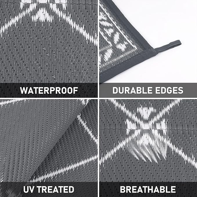 HiiARug Reversible Mat Plastic Outdoor Rugs for Patios Clearance Waterproof Plastic Straw Rug Large Area Rug for Outdoor, Porch, Patio, RV,Camping,5x7Ft, Grey