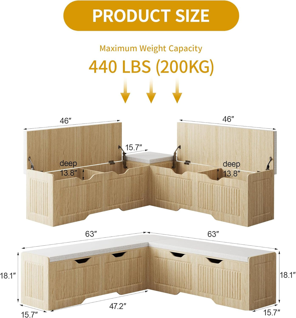 L Shaped Corner Storage Bench with Cushion, Kitchen Breakfast Nook Bench with Lift Top Hidden Storage, Wood Flip-Top Shoe Benches for Entryway Dining Room, Kitchen, Bedroom (Oak)