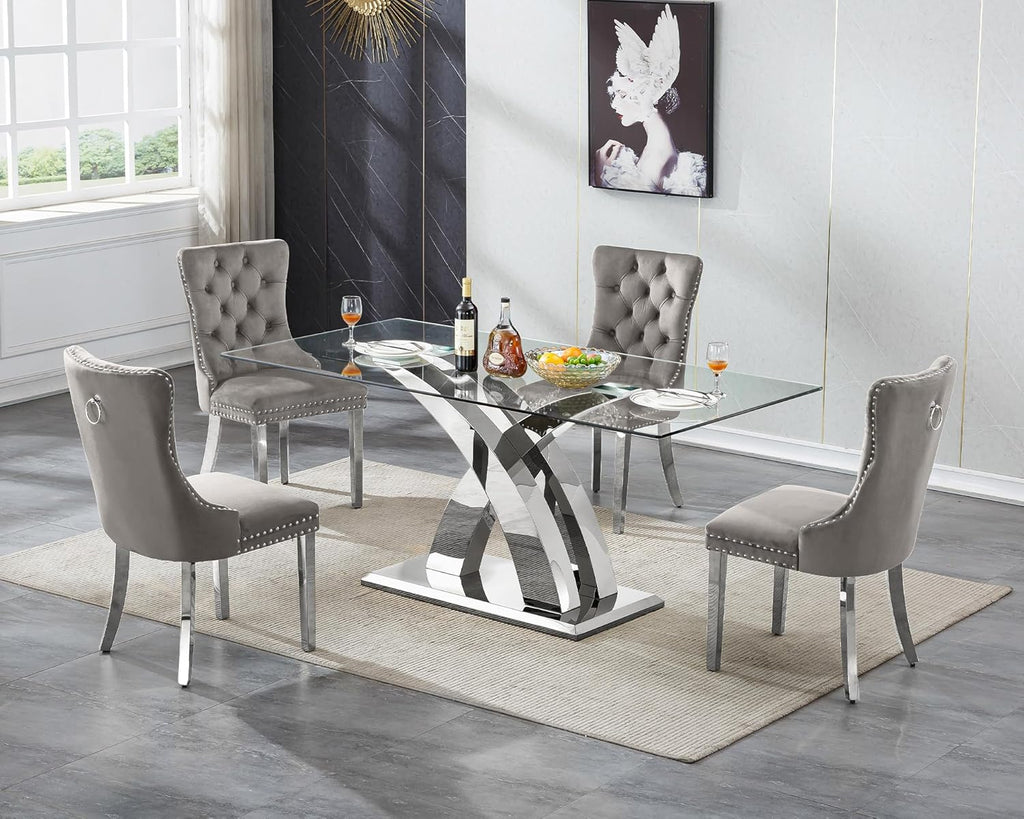 70'' Modern Glass Dining Table for 4-8 People, High Gloss Stainless Steel Base, Rectangular Glass Dining Room Table for 6, Tempered Glass Top Silver Kitchen Table for Home Kitchen Furniture
