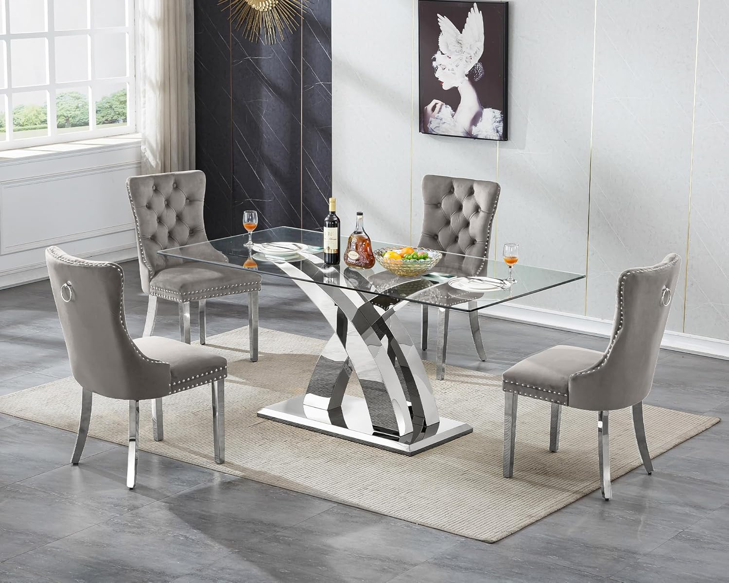70'' Modern Glass Dining Table for 4-8 People, High Gloss Stainless Steel Base, Rectangular Glass Dining Room Table for 6, Tempered Glass Top Silver Kitchen Table for Home Kitchen Furniture