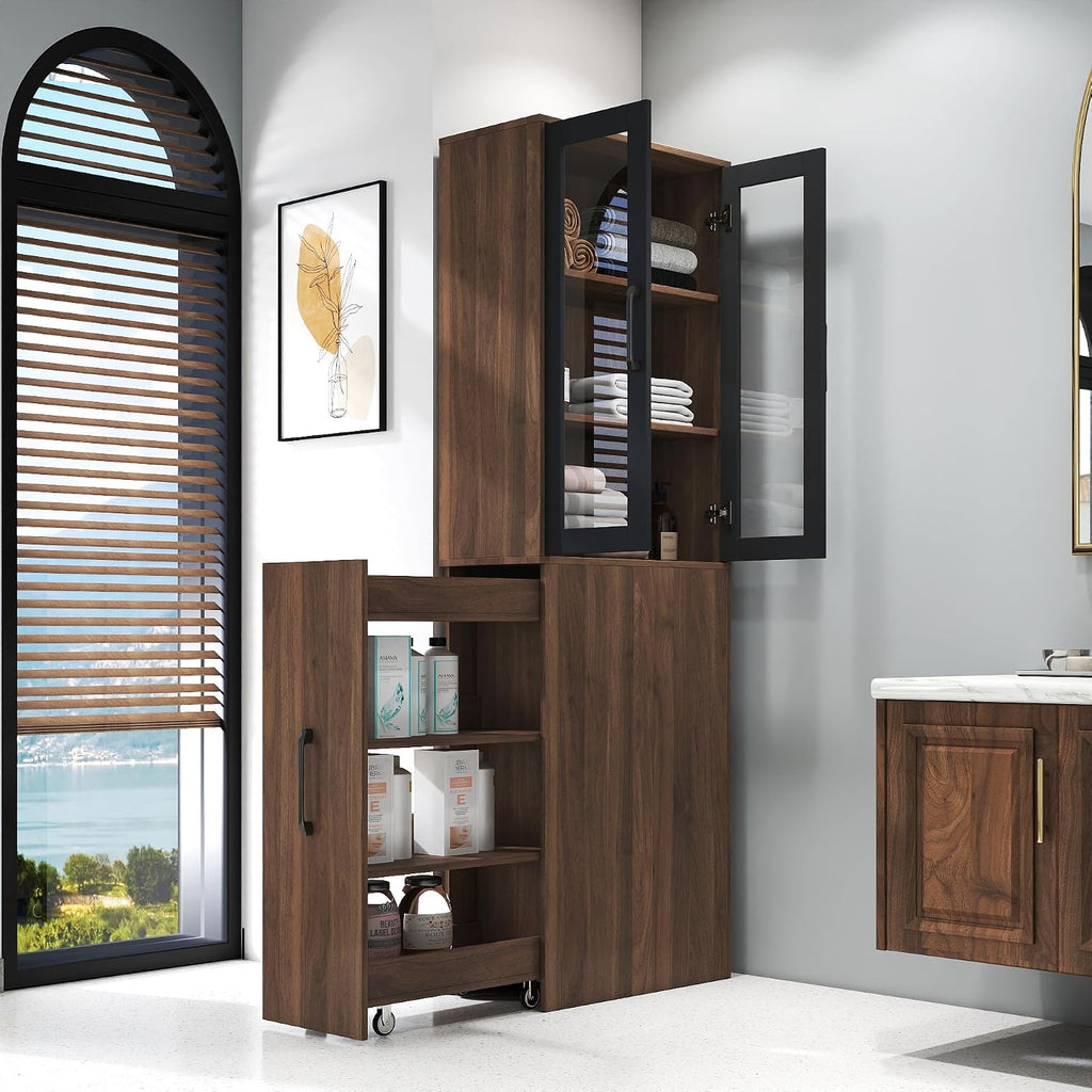 70.9" H Display Storage Cabinet , 4 Tier Multi-functional Pull-out Multi-tier Storage Shelf & 2 Glass Doors, Modern Wooden Kitchen Pantry Cabinet for Living Room or Kitchen and Dinning Room (Walnut)