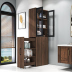 70.9" H Display Storage Cabinet , 4 Tier Multi-functional Pull-out Multi-tier Storage Shelf & 2 Glass Doors, Modern Wooden Kitchen Pantry Cabinet for Living Room or Kitchen and Dinning Room (Walnut)