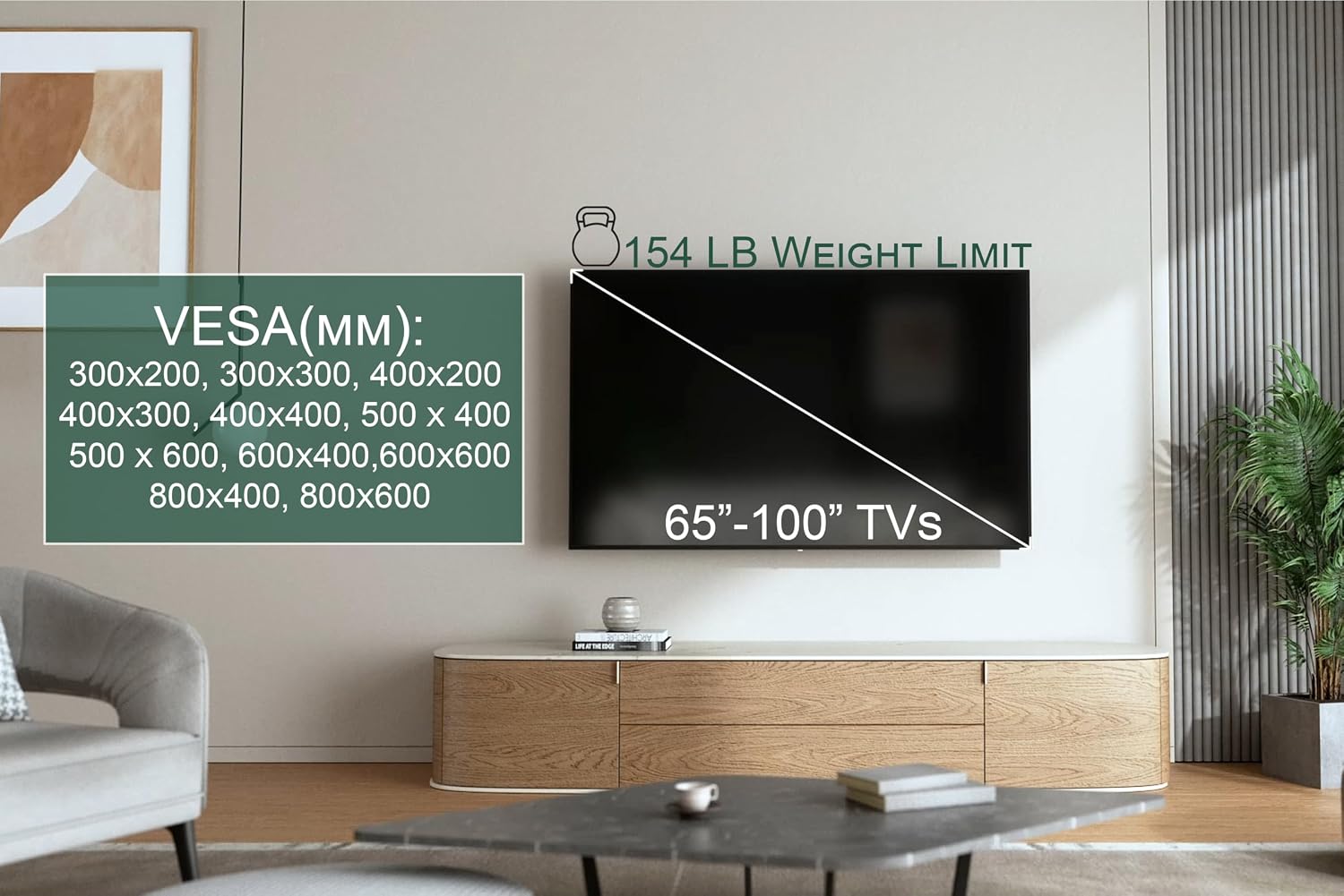 ynVISION.DESIGN Heavy Duty Full Motion TV Wall Mount for 65-100" TVs, XXL | Extends up to 31.5in, tilt swivel leveling, max VESA 800x600, fits flat, LED, LCD, OLED, 4K TVs, Max 154 LBS