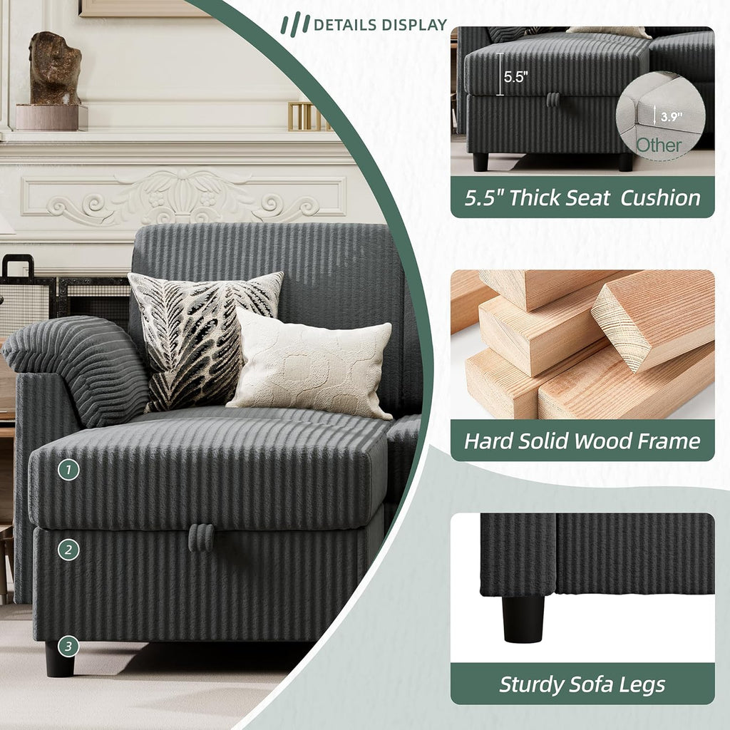 Vongrasig Convertible Sectional Sofa Couch, 3 Seat L Shaped Sofa with Removable Pillows Soft Corduroy Fabric Small Couches Mid Century for Living Room, Apartment and Office (Gray)