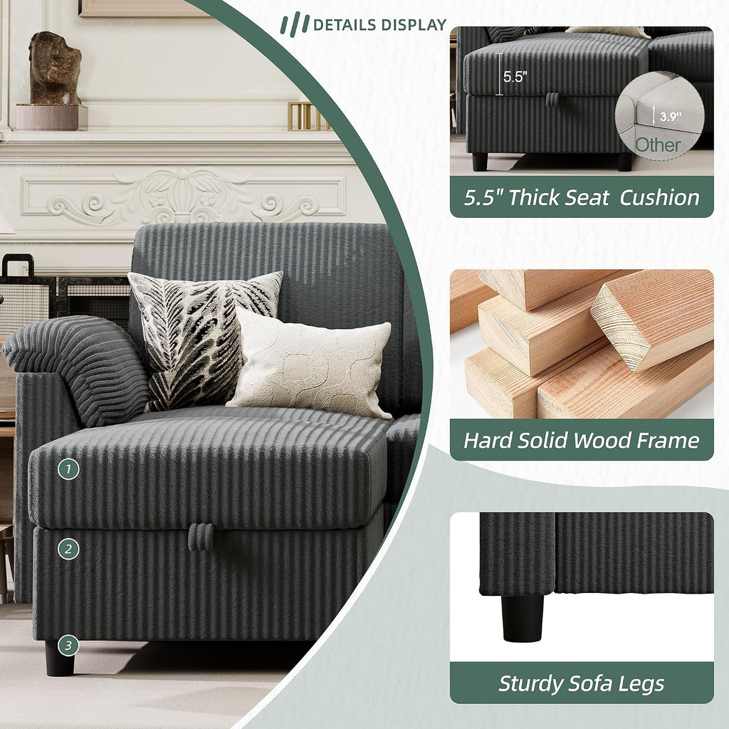 Vongrasig 79" Convertible Sectional Couches Sofa with Storage Ottoman, 3 Seat L Shaped Couch with Side Storage Pockage, Small Couches for Living Room, Apartment and Small Space, Grey