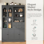 Freestanding Kitchen Pantry Cabinet with Drawers, Shelves, Gray | Freestanding tall buffet with 4 drawers, door shelves, pull-out trays, 47.2x15.7x75 inches, gray finish, for dining room