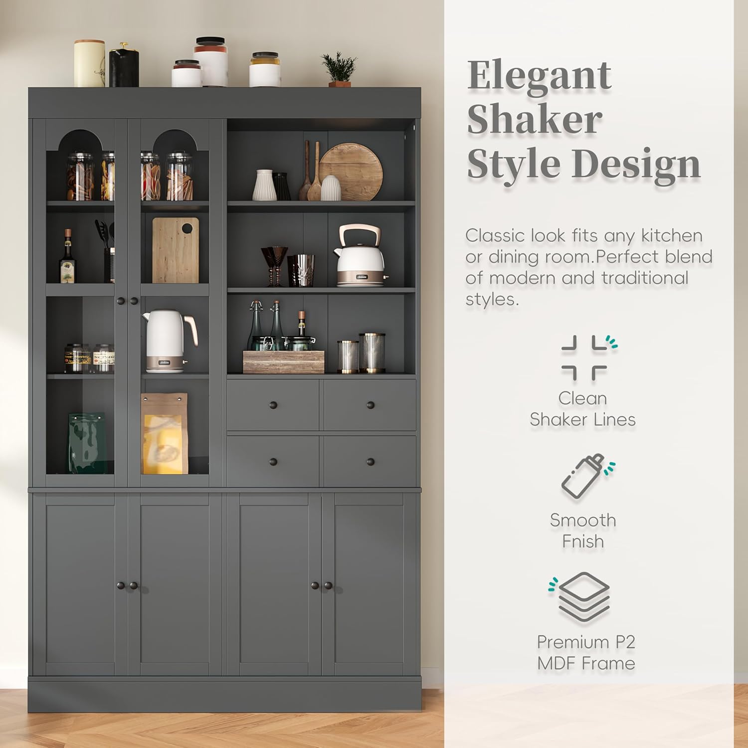roomfitters 75 Inch Tall Kitchen Pantry Buffet Hutch with 4 Drawers and Glass Doors, Shaker Style, Gray