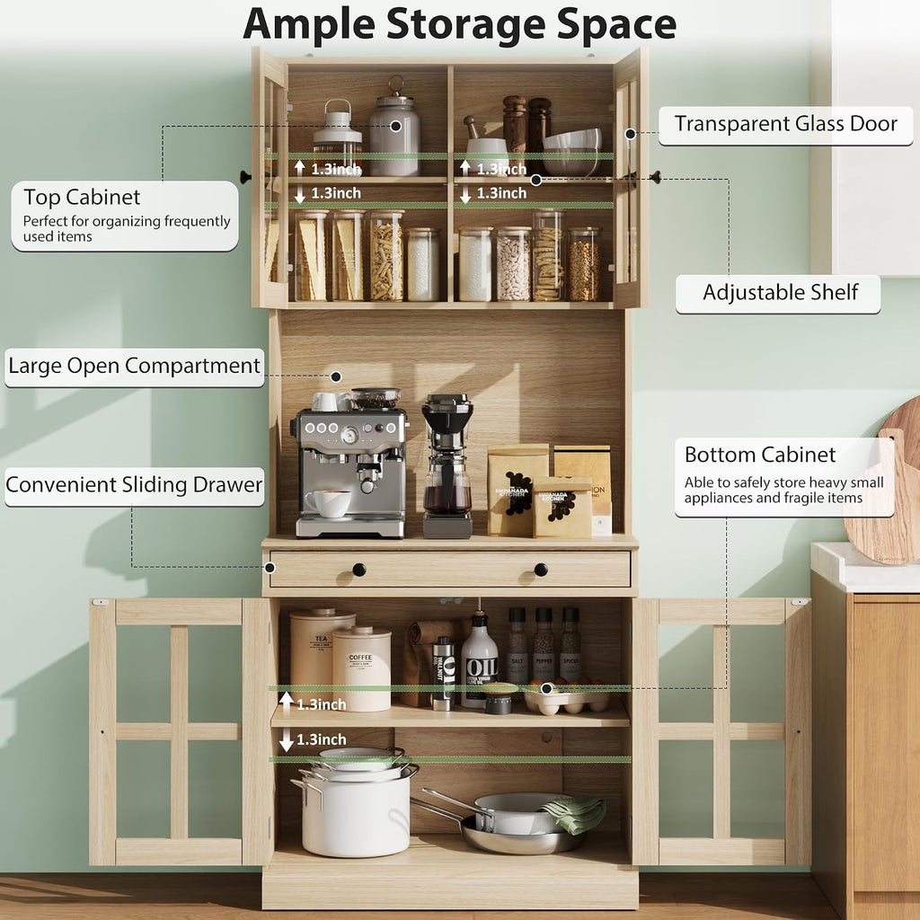 IDEAHOUSE 72 Inch Kitchen Pantry Cabinet with Glass Doors, Drawer and Adjustable Shelves, Farmhouse Tall Storage Cabinet with Open Countertop, Wood