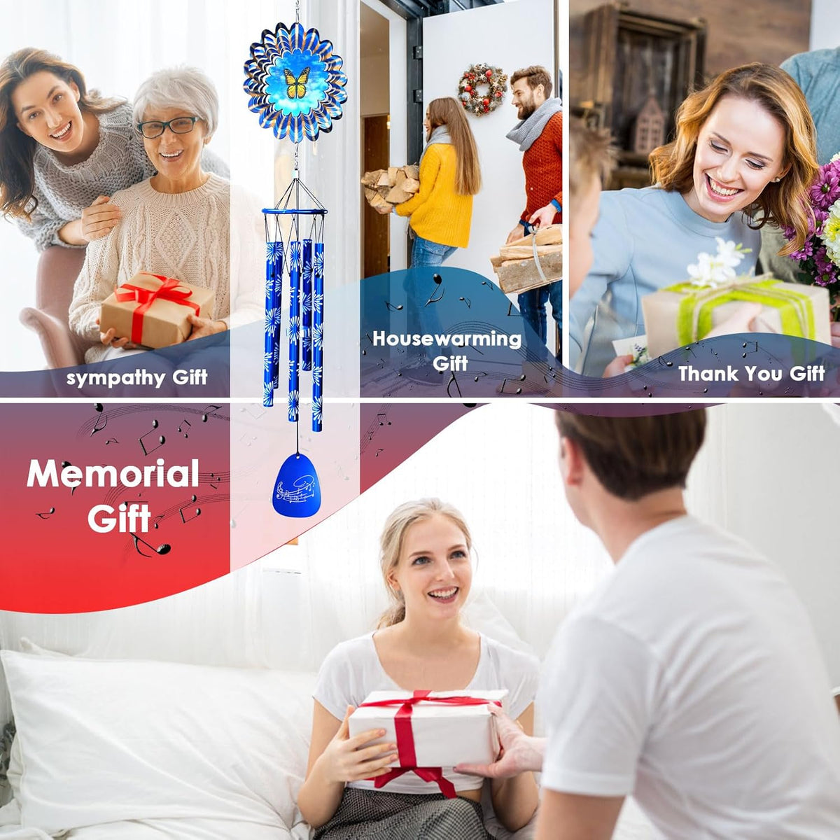 33" Memorial Wind Chimes Outside | Deep Tone Sympathy Windchime with Animated Butterfly Spinner, Rust-Resistant Garden Decoration, Gift for Women/Mom/Wife/Grandma/Housewarming