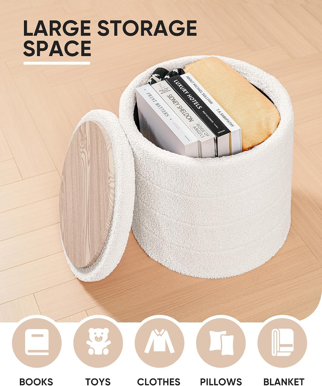 B FSOBEIIALEO Folding Storage Ottoman, Round Sherpa Ottomans, Cream White | 16.9" Foldable Ottoman With Tray, Boucle Foot Stool, Small Storage Coffee Table for Living Room, Bedroom, Hallway