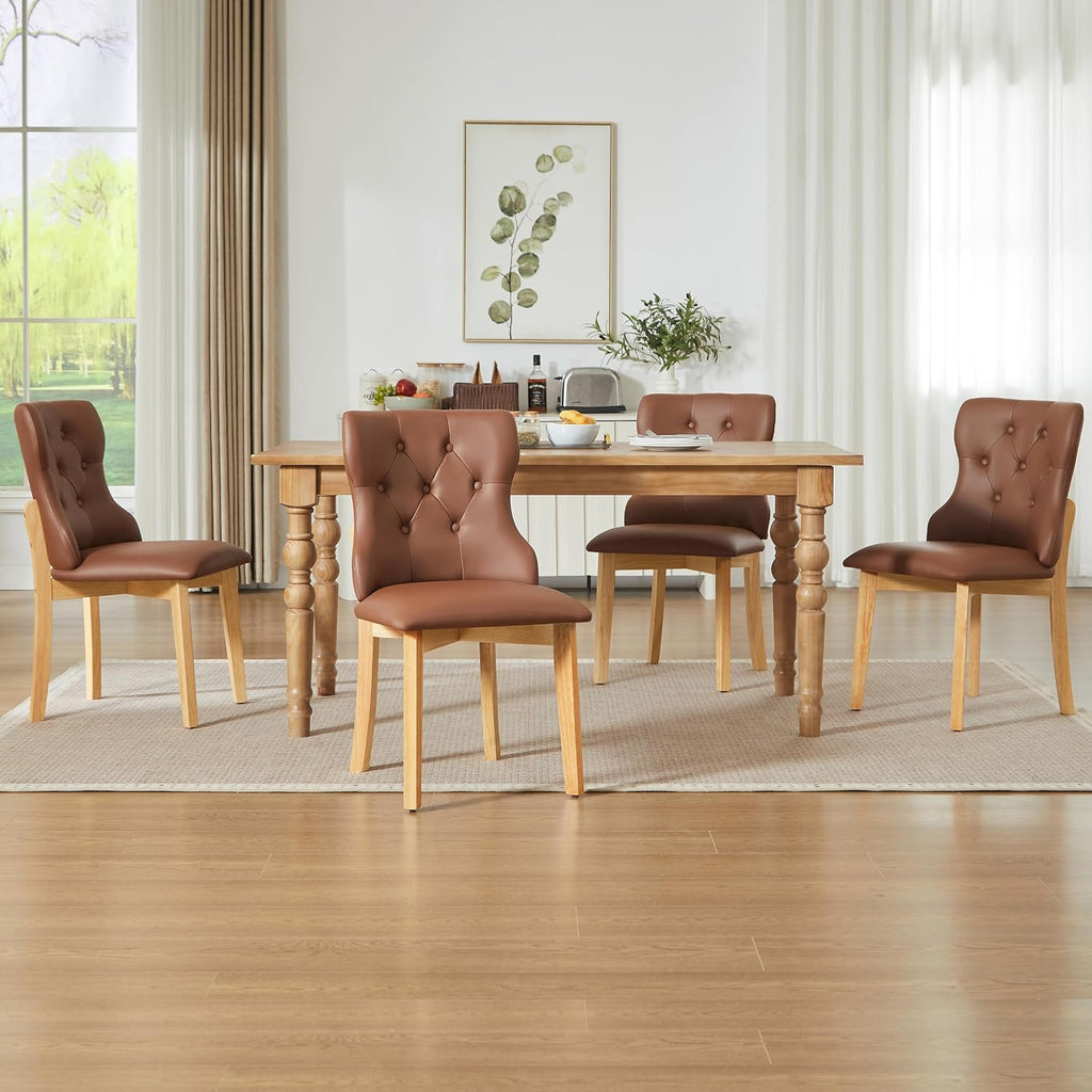 Eifizek Upholstered Dining Chairs Set of 4, PU Leather Button Tufted Parsons Side Chairs with Solid Wood Legs, Mid-Century Modern Accent Dining Room Chairs for Kitchen Restaurant & Living Room, Brown