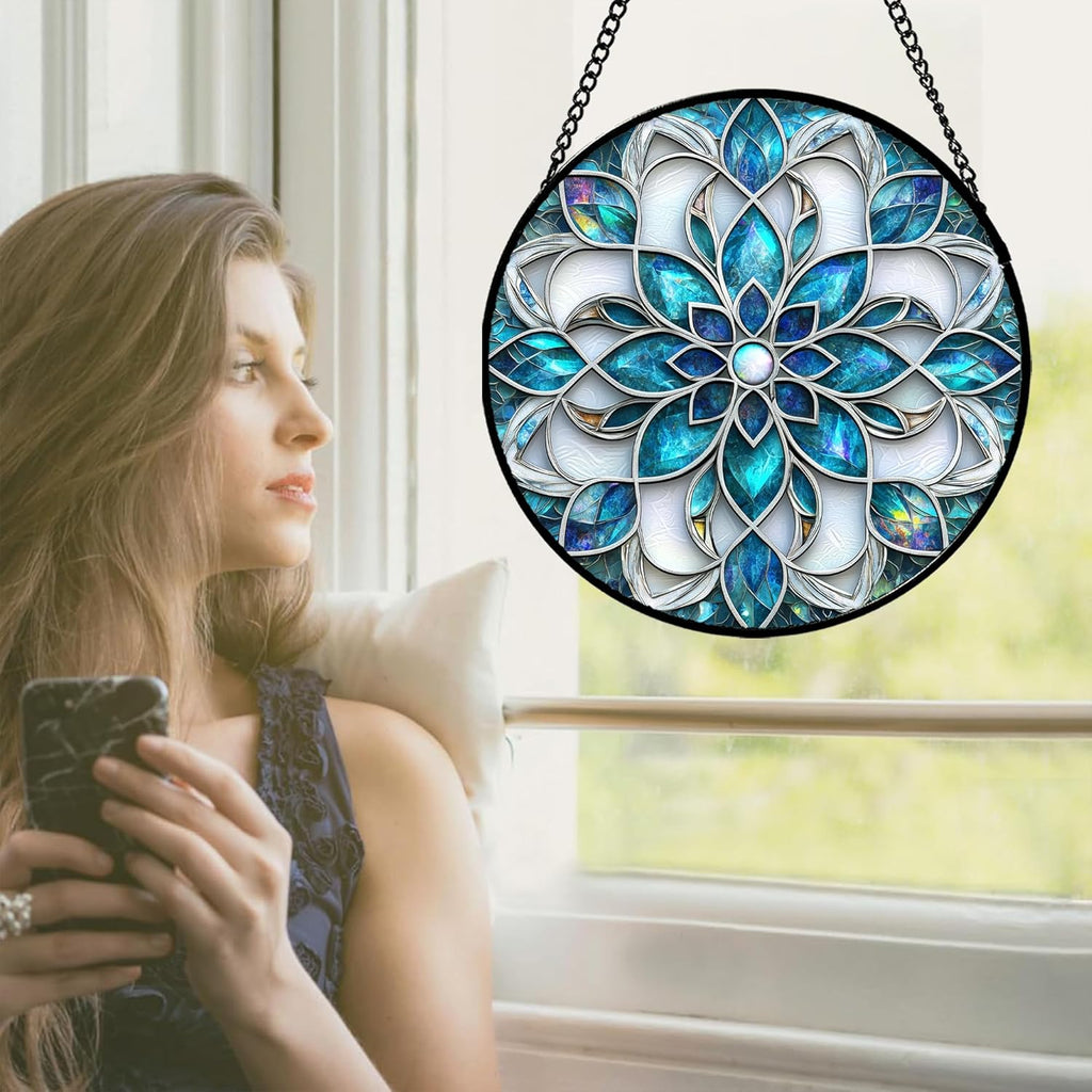 Stained Glass Window Hanging - Blue White Abstract Flowers Suncatcher for Door Terrace Garden Home Decor Boho Sun Catcher Birthday Gifts for Lovers Women Men Dad Mom Nana 11.8 in