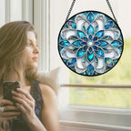 Stained Glass Window Hanging - Blue White Abstract Flowers Suncatcher for Door Terrace Garden Home Decor Boho Sun Catcher Birthday Gifts for Lovers Women Men Dad Mom Nana 11.8 in