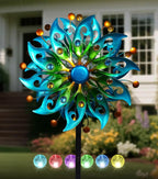 Solar Wind Spinners Outdoor – H63xW13 Metal Kinetic Garden Spinner with Crackle Glass Ball & Built-in Solar Panel – Peacock-Style Yard Wind Sculpture with LED Light