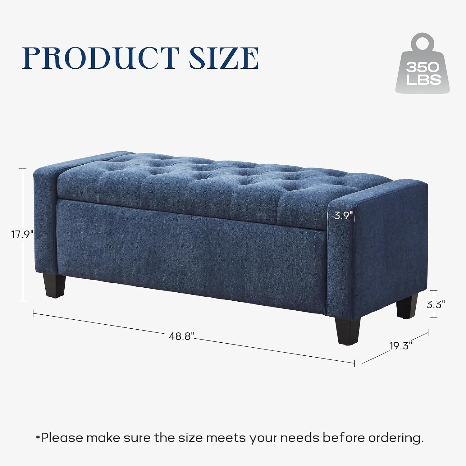 Zihanhome Ottoman with Storage, 48.8" Fabric Storage Ottoman Bench with Hinge, Bedroom Bench, Upholstered Benches with Seating for Living Room, Entryway (Dark Blue)