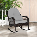 Tangkula Outdoor Wicker Rocking Chair, Patio Rattan Rocker with Seat Back Cushions & Waist Pillow, Sturdy Metal Frame, Mix Brown Outdoor Rocker for Balcony, Porch, Backyard