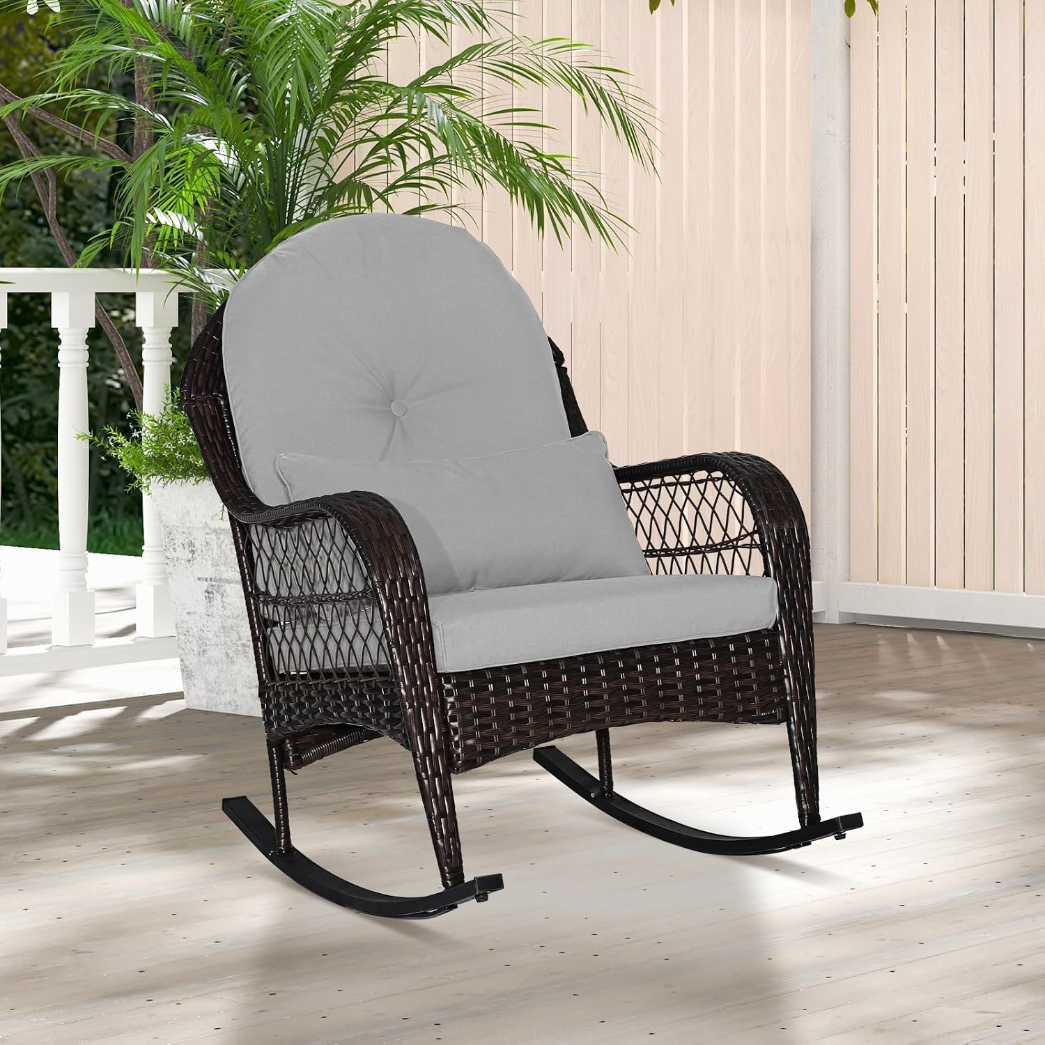 Tangkula Outdoor Wicker Rocking Chair, Patio Rattan Rocker with Seat Back Cushions & Waist Pillow, Sturdy Metal Frame, Mix Brown Outdoor Rocker for Balcony, Porch, Backyard